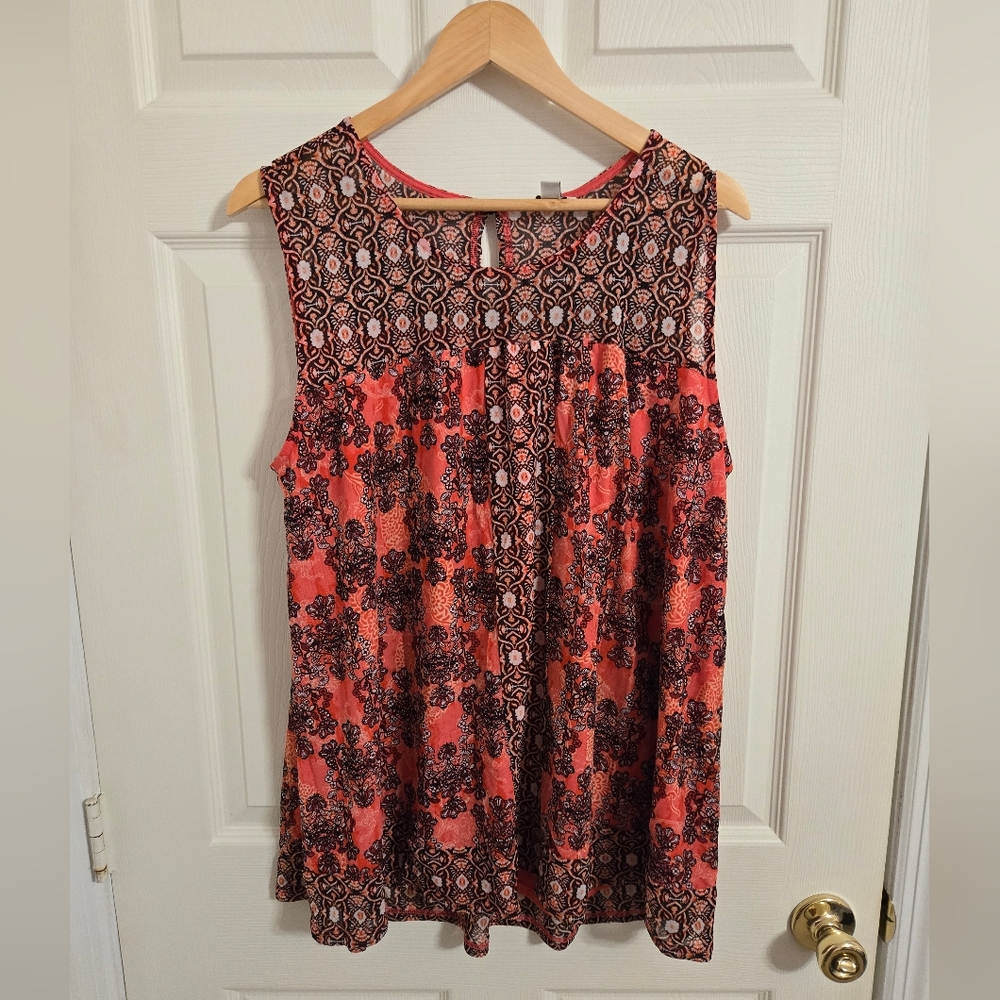 Cato Sleeveless Coral and Black Patterned Top Size 18/20